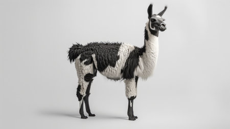 Full-body view of a black and white llama standing on a white background, emphasizing its stanceの素材