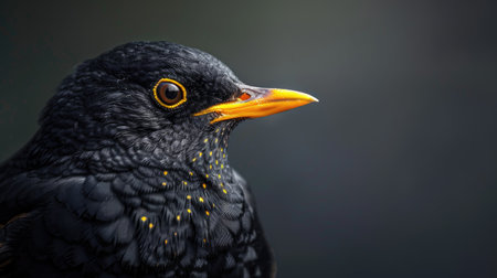 Detailed shot of a common blackbird, capturing its bright yellow features and intense expressionの素材