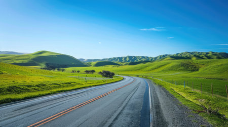 Highway beside vibrant green fields and gentle hills under a clear spring skyの素材