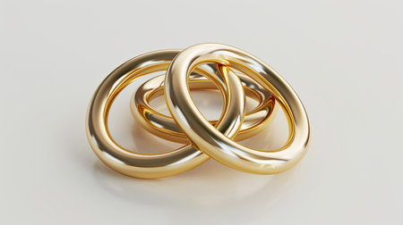 rendering of three golden rings interlocked on a white backgroundの素材