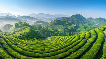 Green tea fields in Guangxi Province with clear blue sky and hillsの素材