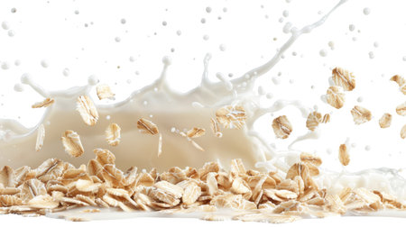 Dynamic oat flakes and milk splash scene, isolated on a clean white backdropの素材