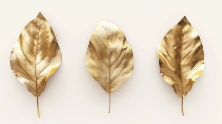 Three golden leaves in a rendering, arranged artistically on a white backgroundの素材