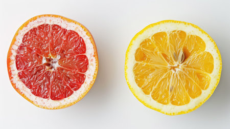 Close-up of fresh lemon and grapefruit halves, highlighting their juicy interiors on a white backgroundの素材