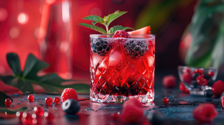 Vibrant red drink with slices of berries and refreshing ice cubes in a transparent glassの素材