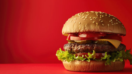 Huge hamburger showcasing its impressive height against a vibrant red backdrop, perfect for burger enthusiastsの素材