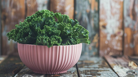 Freshly picked green kale in a fashionable pink bowl, highlighting the contrast against a wooden tableの素材