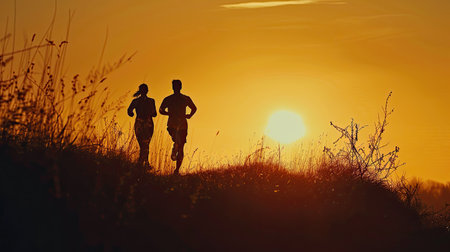 Silhouette of a couple jogging at dawn, running into the sunrise togetherの素材