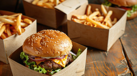 Delicious fast food meal with a burger and fries in paper boxes, perfect for quick bitesの素材