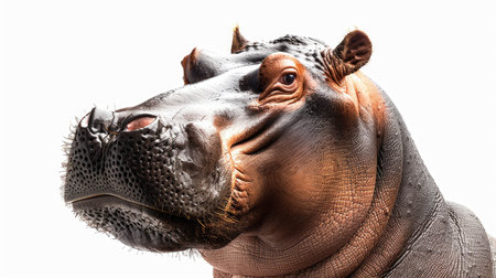 Hippopotamus with mouth closed, isolated on a white backdrop, highlighting its calm demeanorの素材