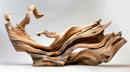 Dynamic driftwood sculpture with smooth contours, illustrating coastal artistryの素材