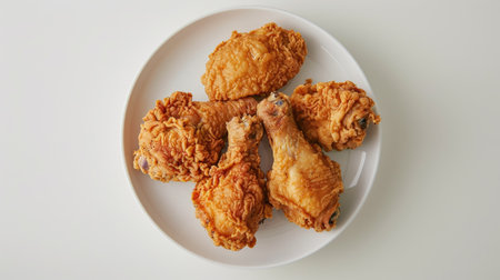 Top view of golden fried chicken on a white plate, isolated against a clean white background, appealing and appetizingの素材