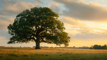 Peaceful countryside scene featuring a lone oak tree, its majestic crown basking in the sunset glowの素材