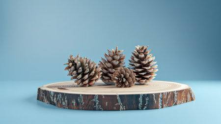 Minimalist wooden cut podium adorned with seasonal fir cones on a tranquil blue surface, ideal for nature-inspired themesの素材