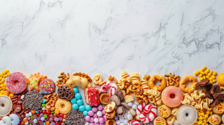Colorful assortment of junk food items forming an enticing double border on a refined white marble backdropの素材