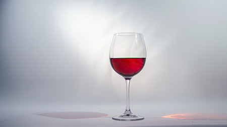 High-key photograph of a red wine glass against a white backdrop, perfect for copy spaceの素材