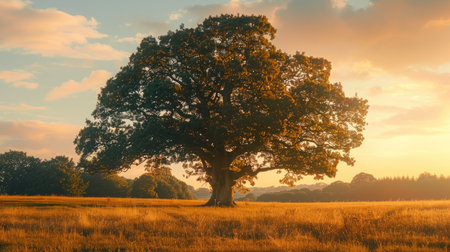 A solitary oak tree standing majestically in a field, bathed in the warm glow of the setting sun's raysの素材