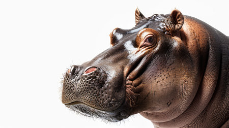 Hippopotamus with mouth closed, isolated on a white backdrop, highlighting its calm demeanorの素材