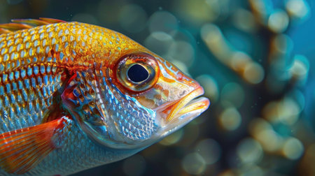 Close-up of a fresh fish with shimmering scales, vibrant colors, and crystal-clear eyes, indicating its freshnessの素材