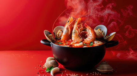 Boiling hot pot of mixed seafood soup, with shrimp, squid, and clams, on a red backgroundの素材