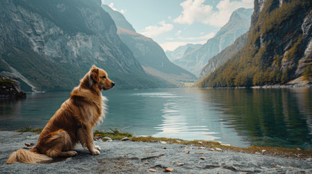 Adorable dog sitting on the embankment, overlooking a tranquil bay surrounded by towering mountainsの素材