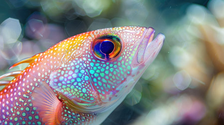 A detailed look at a fresh fish, featuring glistening scales, vibrant colors, and clear, bright eyesの素材