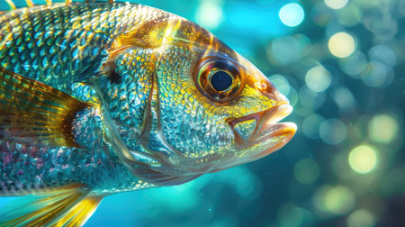 Close-up of a fresh fish with glistening scales, vibrant colors, and clear, sparkling eyesの素材