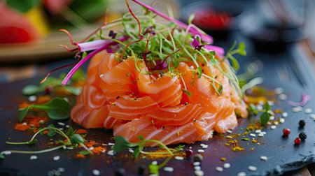 Colorful raw salmon salad with a decorative arrangement of fresh green vegetables, perfect for gourmet cuisineの素材