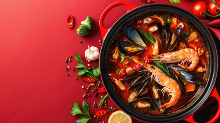 Hot pot of spicy seafood soup, filled with shrimp, mussels, and vegetables, isolated on redの素材