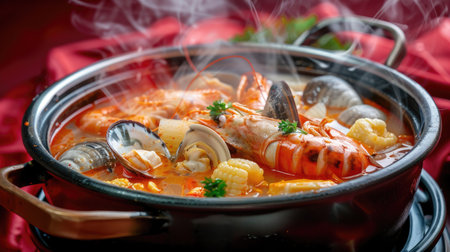 Boiling hot pot of mixed seafood soup, with spicy broth and seafood, isolated on redの素材