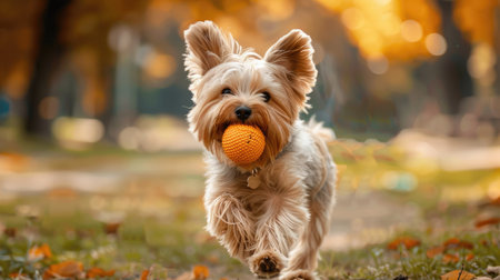 Yorkshire Terrier dog with a ball in its mouth, running energetically in a city park settingの素材