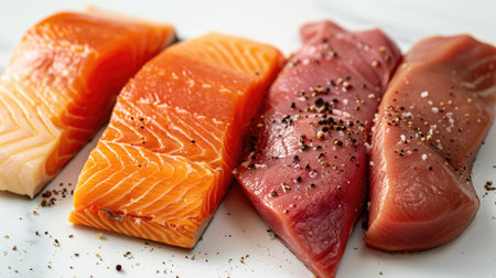 Close-up of fresh raw salmon, chicken fillet, and beef steak on a clean white surface, ready for culinary useの素材