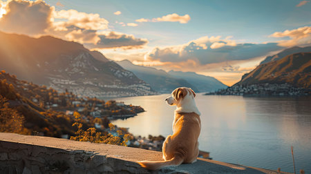 Dog enjoying a peaceful moment on the embankment, overlooking the scenic bay and mountainsの素材
