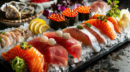 Freshly prepared seafood selection including salmon, tuna, caviar, oysters, dorado fish, and shellfish, on iceの素材