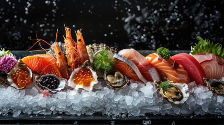 Exquisite seafood selection with salmon, tuna, caviar, oysters, dorado fish, and shellfish, on a bed of iceの素材