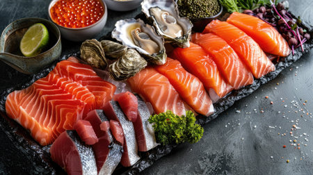 Premium seafood platter including salmon, tuna, caviar, oysters, dorado fish, and shellfish, neatly displayedの素材