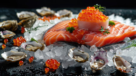 Exquisite seafood selection with salmon, tuna, caviar, oysters, dorado fish, and shellfish, on a bed of iceの素材