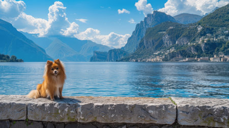 Happy little dog on the embankment, amidst a serene bay and majestic mountain rangeの素材