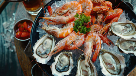 Gourmet seafood platter with fresh prawns, oysters, and crab claws, beautifully presentedの素材