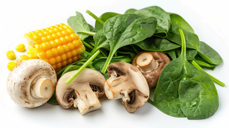 Healthy mixed vegetables for Shabu, including spinach, mushrooms, and corn, isolated on a white backgroundの素材