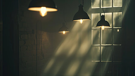 Moody composition of multiple lights illuminated in a dim room, casting intriguing shadowsの素材