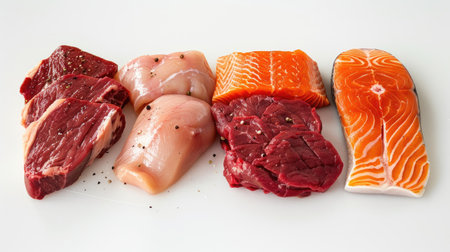 Raw beef steak, salmon fillet, and chicken breast arranged neatly on a white background, ready for cookingの素材