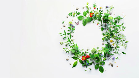 Round patch with green leafy plants, small stones, and colorful flowers, set against a clean white backdropの素材