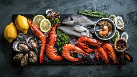 Fresh seafood platter including fish, crustaceans, oysters, and mussels on a black stone surfaceの素材