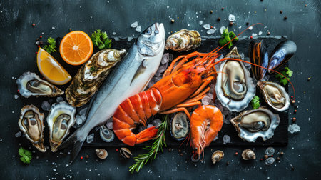 Vibrant seafood assortment with fish, crustaceans, oysters, and mussels on a black stone surfaceの素材