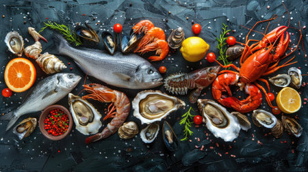 Vibrant seafood selection featuring fish, crustaceans, oysters, and mussels on a black stone backgroundの素材
