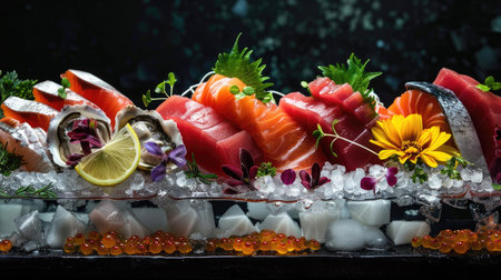 Freshly prepared seafood selection including salmon, tuna, caviar, oysters, dorado fish, and shellfish, on iceの素材