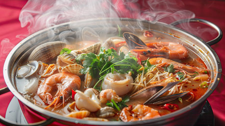 Steaming spicy seafood soup in a hot pot, with various seafood, isolated on redの素材