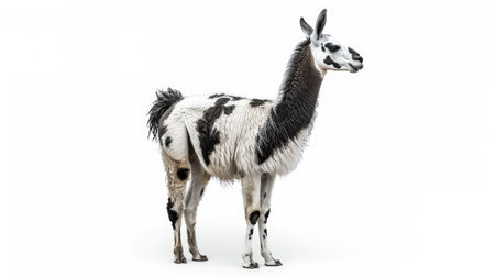 Full view of a black and white llama standing, with its fur patterns clearly visible against a white backgroundの素材