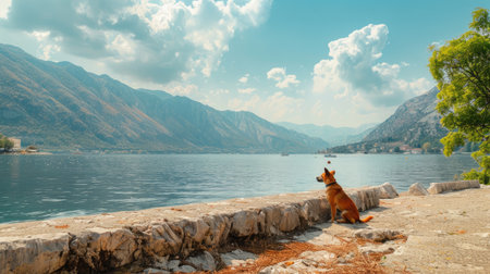 Small dog playing on the embankment, with a breathtaking bay and mountainous backdropの素材
